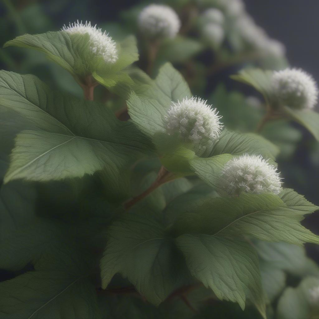 Close-up of green leaves with round, white, fluffy flower buds at the top.