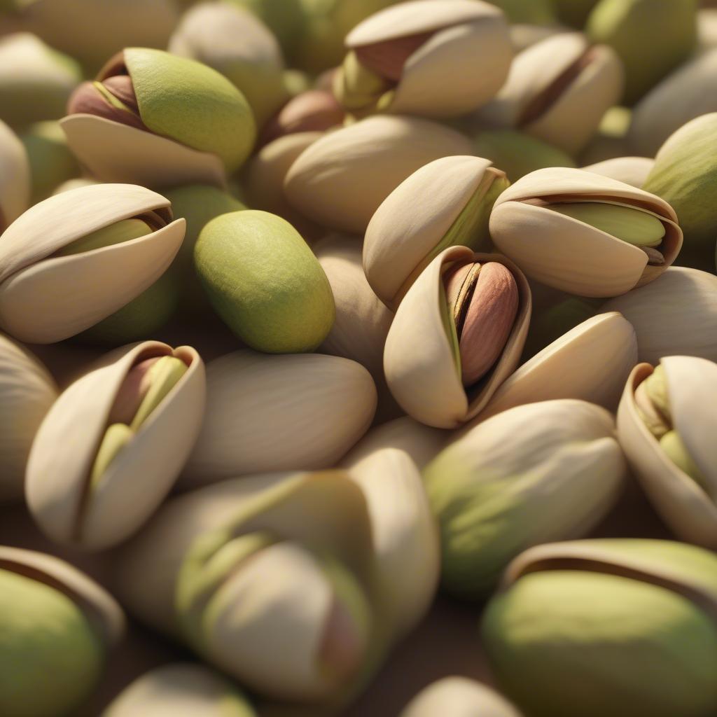 A close-up of scattered pistachio nuts, some with open shells revealing the green and brown kernels inside, alongside whole and unshelled nuts.