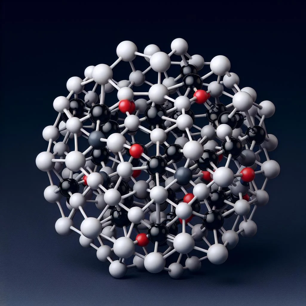 3D molecular model illustrating interconnected spheres in various colors, representing atoms, with black, white, grey, and red spheres clustered together to form a complex structure against a dark background.