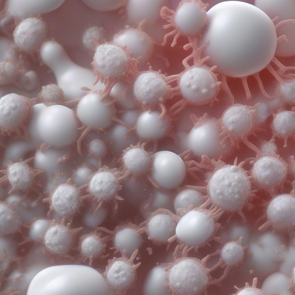 Close-up view of various white and pink cellular structures resembling biological cells with protruding filaments, set against a soft, blurred background.