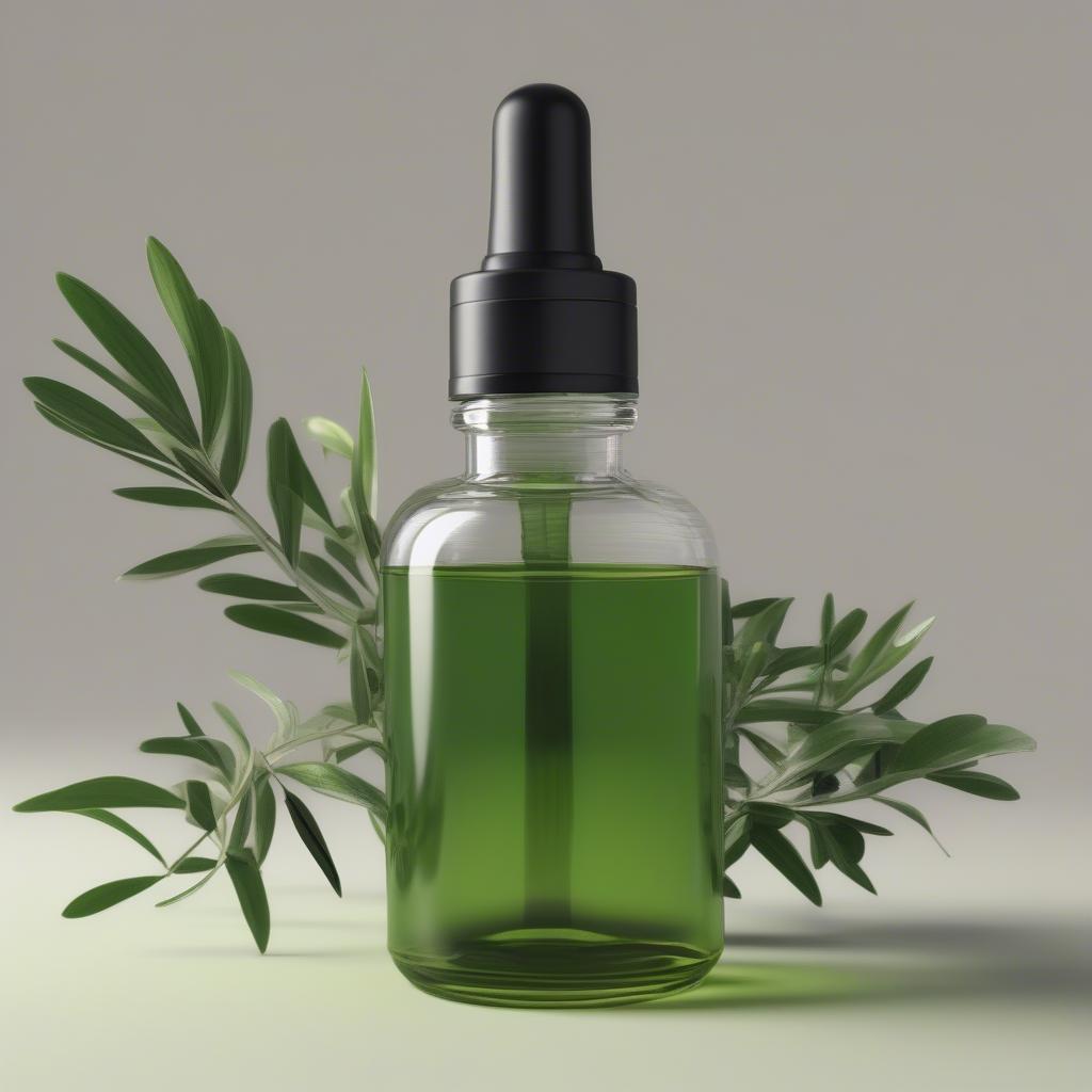 A glass dropper bottle filled with green liquid, surrounded by olive leaves.