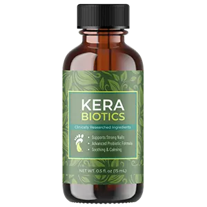 Bottle of Kera Biotics with a green label, featuring text that highlights its benefits, including support for strong nails and an advanced probiotic formula.