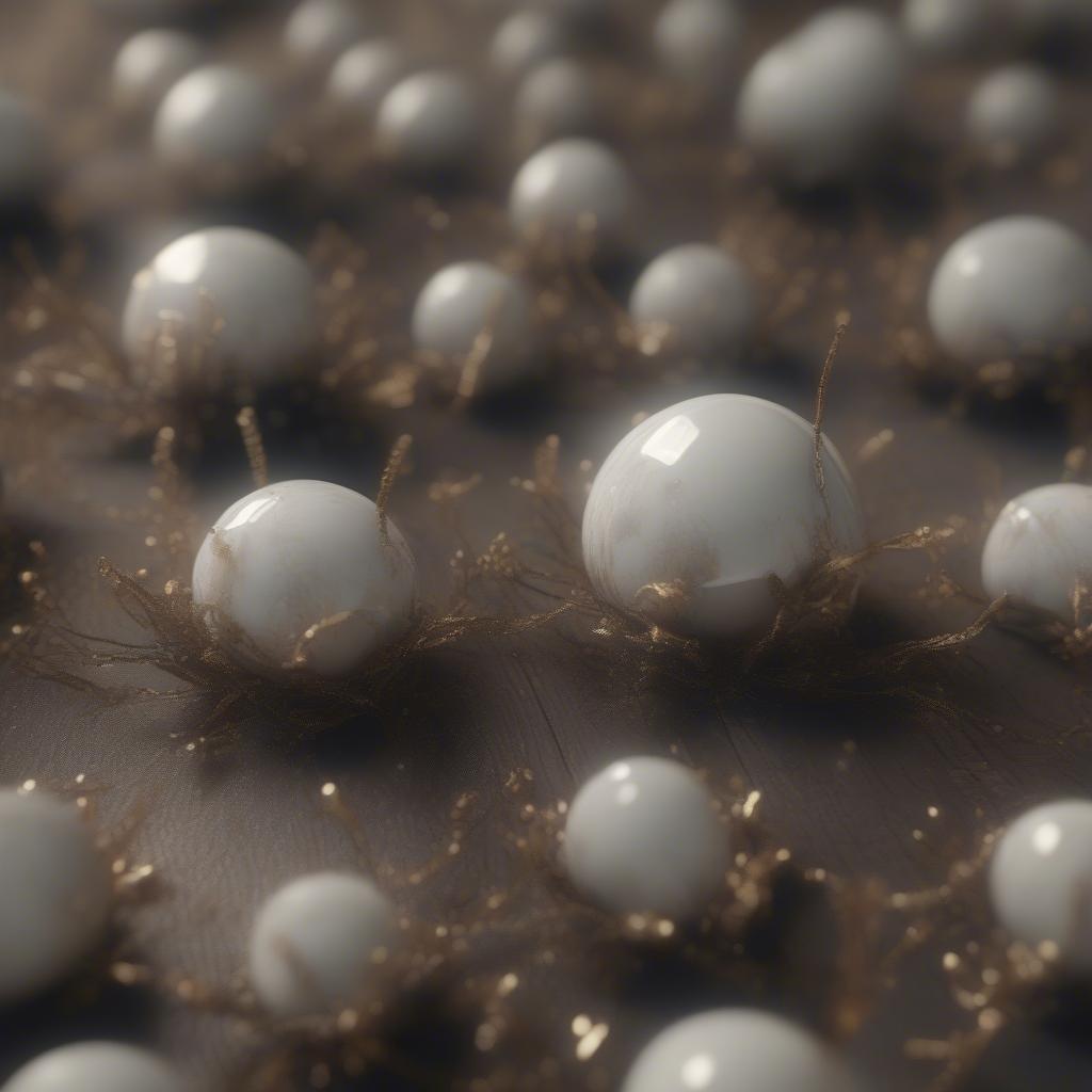 A close-up of glossy white spheres surrounded by intricate, golden-brown nest-like structures on a dark surface, with a softly blurred background.