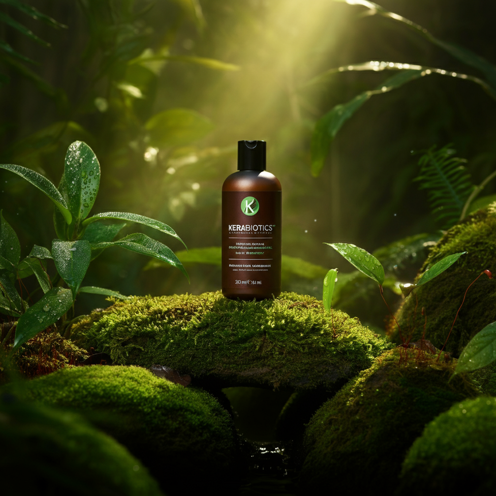 A bottle of Kerabiotics shampoo is placed on a moss-covered rock, surrounded by lush green plants and soft, diffused light filtering through the leaves.