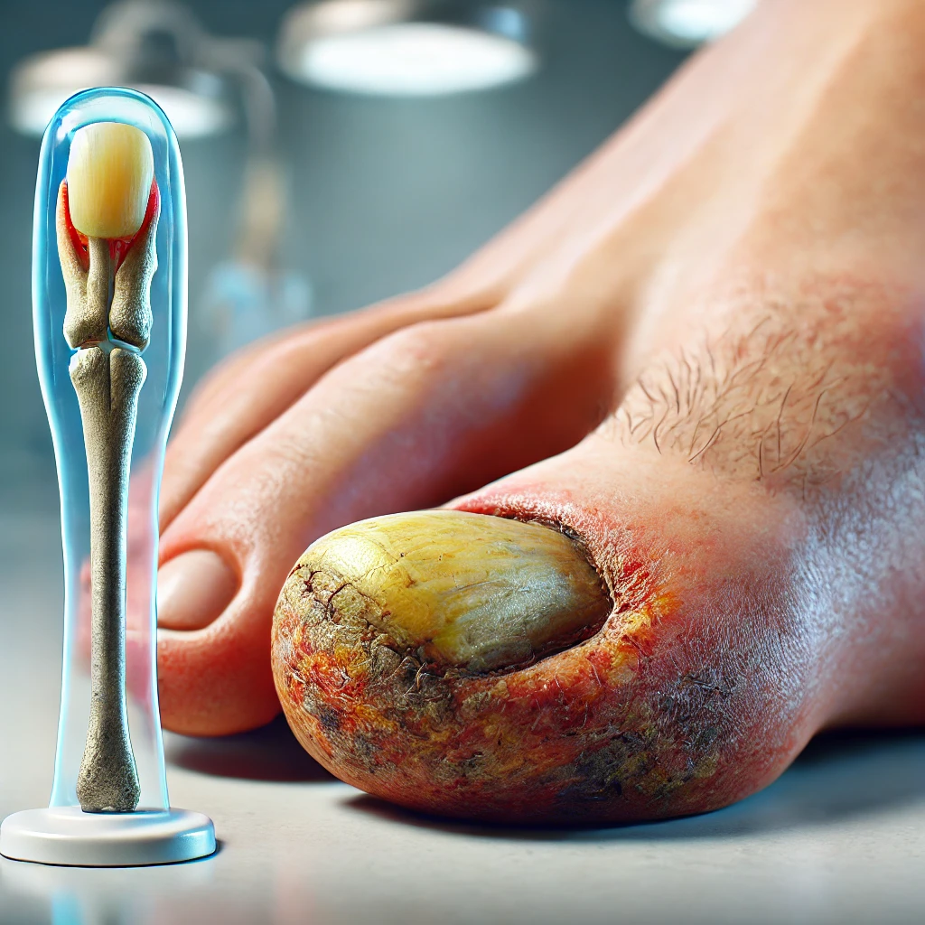 A close-up of a foot with an infected toenail, showing swelling and discoloration, alongside a translucent model of a toe bone structure for educational purposes. | Eliminate Toenail Fungus