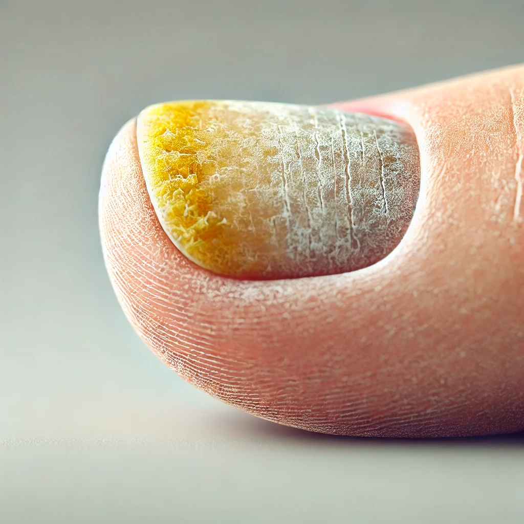 Toenail Fungus | Close-up of a human toenail with a yellowish, textured surface and visible ridges, resting on a finger. The background is neutral and blurred.