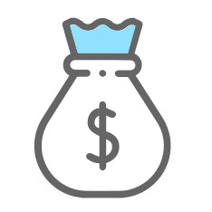 A simple icon of a money bag with a dollar sign, featuring a light blue top.